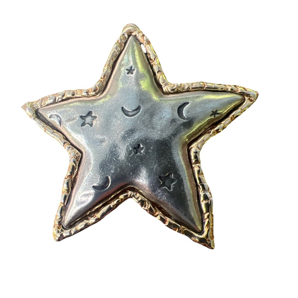 Vintage Estate Silvertone & Goldtone Moon Star Astrology Brooch Signed JJ